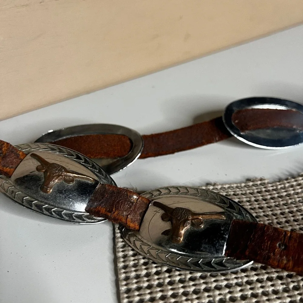 Vintage 1940s 50s Child Steer Head Concho Belt Brown Leather Western Cowboy